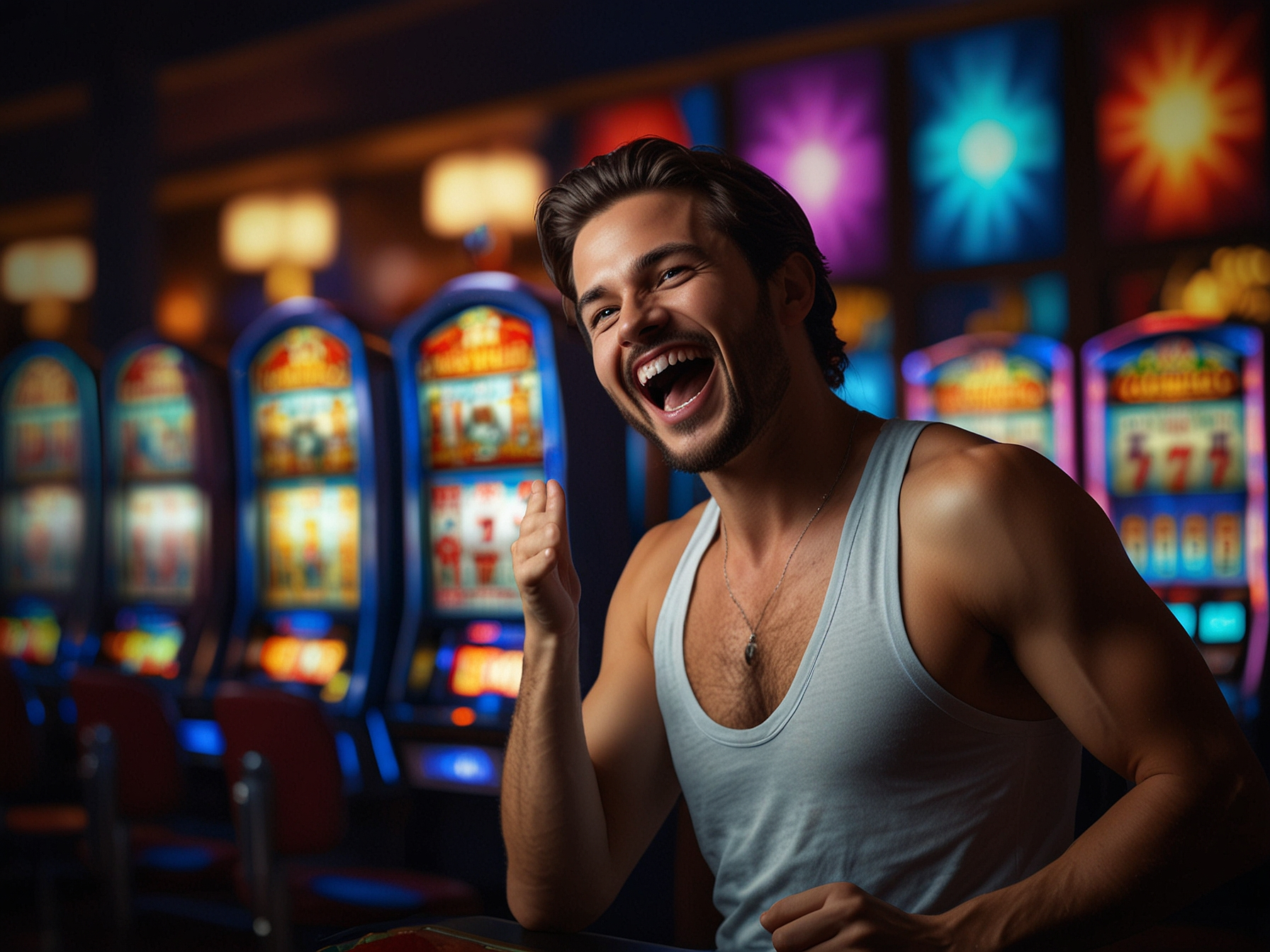 Игрок празднует выигрыш у игрового автомата
